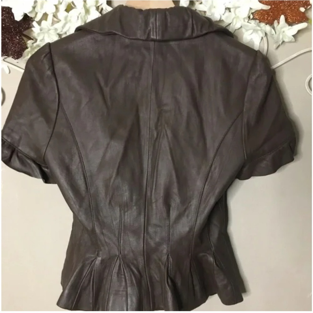 Arden B Brown Vintage Leather Fitted Waist Blazer Top with Ruffled Collar. - Picture 6 of 16